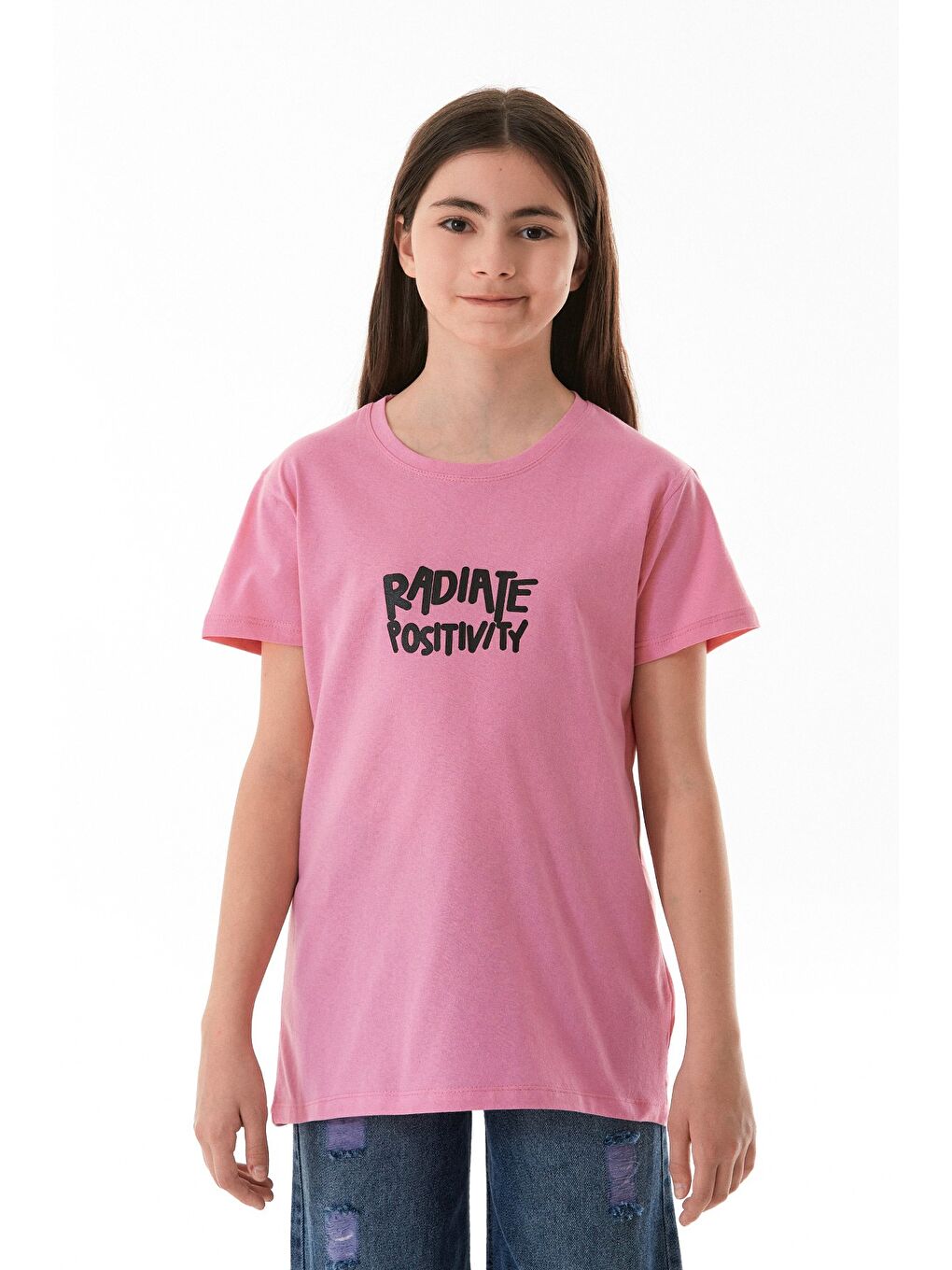 Pembe %100 Pamuk Önü Ve Arkası Yazı Baskılı Kız Çocuk Tişört