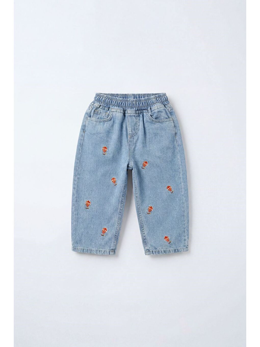 Mavi Unisex Çocuk Pamuklu Balon Nakışlı Oversize Jean Pantolon