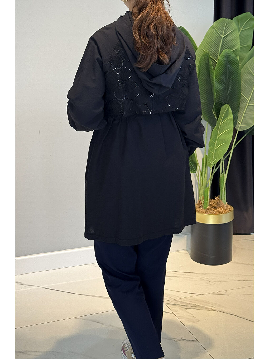 Çiçek İşleme Kapak Detaylı Ceket Kapüşonlu Kap 140098 Siyah-2