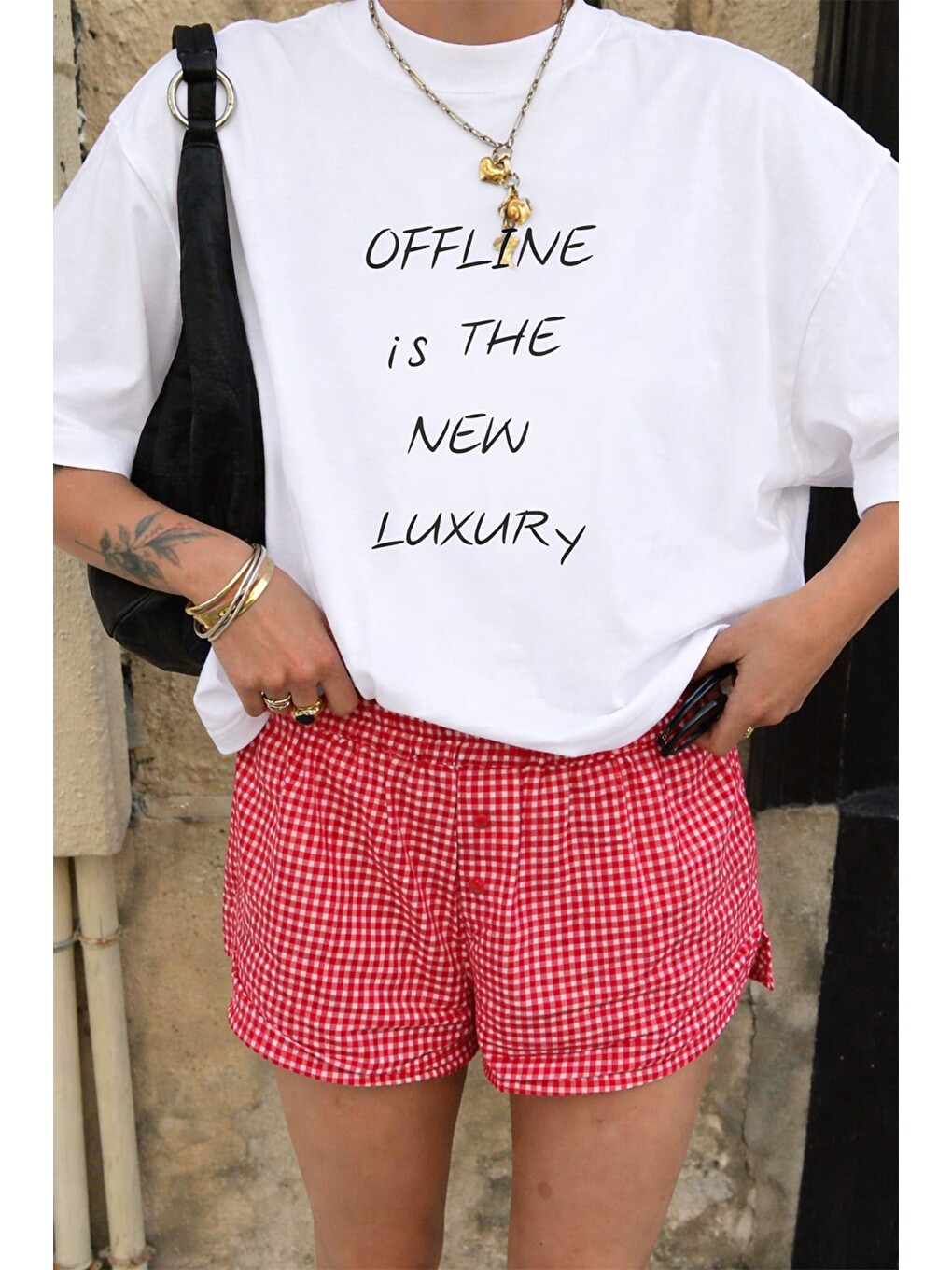 Kadın Premium Kumaş Ekru Baskılı Oversize T-Shirt