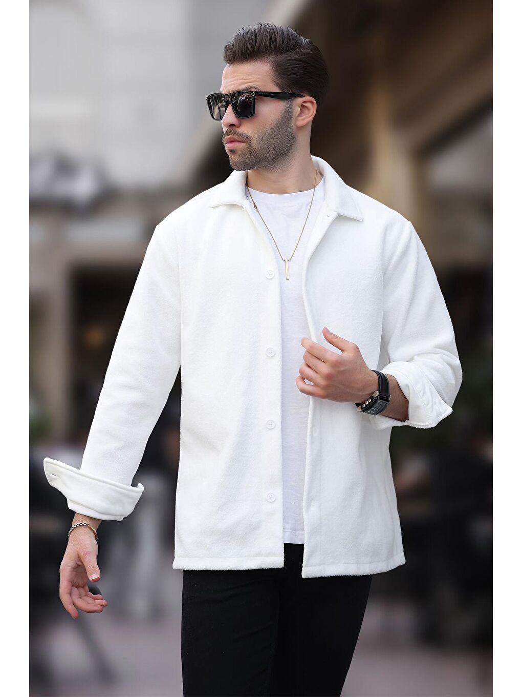 Beyaz Düğmeli Erkek Polar Gömlek 6753-1