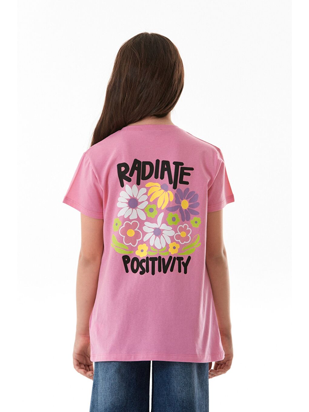 Pembe %100 Pamuk Önü Ve Arkası Yazı Baskılı Kız Çocuk Tişört-1