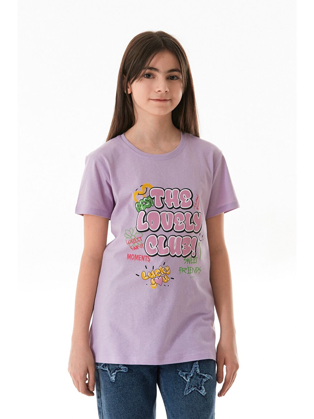 Lila %100 Pamuk Yazı Baskılı Bisiklet Yaka Kız Çocuk Tişört