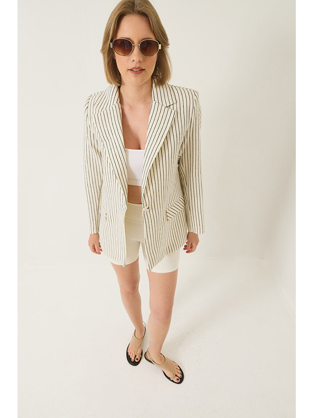 Lila Kadın Çizgili Uzun Kollu Keten Karışımlı Astarlı Blazer Ceket-1