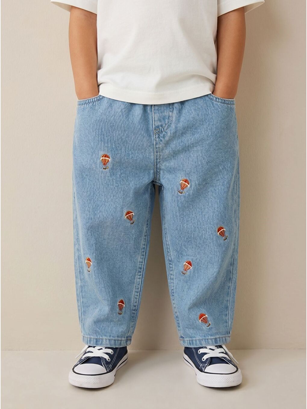 Mavi Unisex Çocuk Pamuklu Balon Nakışlı Oversize Jean Pantolon-1