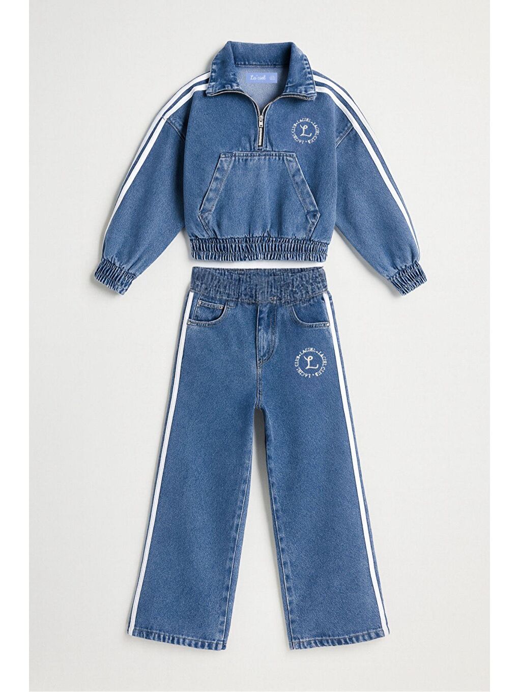 Unisex Çocuk Pamuklu Mavi Jean Sweatshirt Ve Pantolon Takım - Yan Şeritli