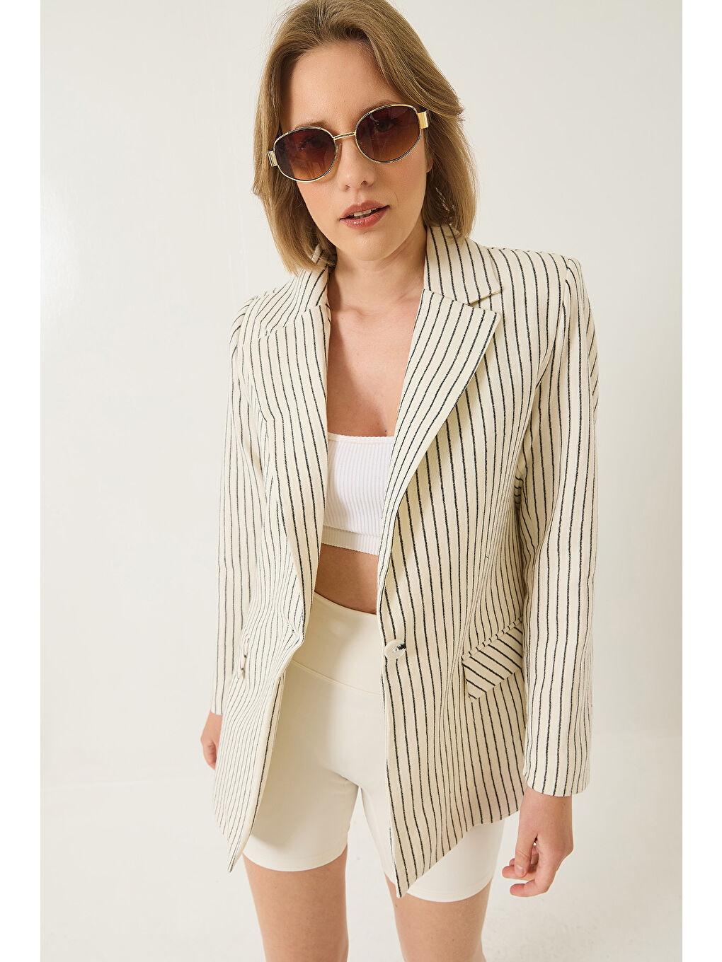 Lila Kadın Çizgili Uzun Kollu Keten Karışımlı Astarlı Blazer Ceket-2