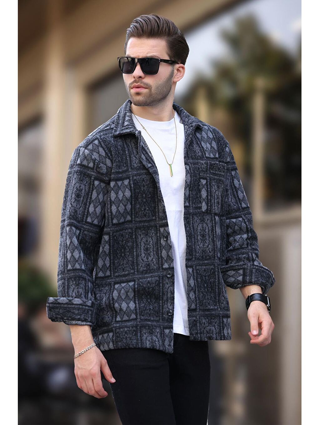 Siyah Desenli Tek Cepli Erkek Polar Gömlek 6751