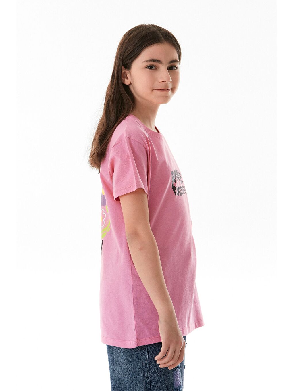 Pembe %100 Pamuk Önü Ve Arkası Yazı Baskılı Kız Çocuk Tişört-2