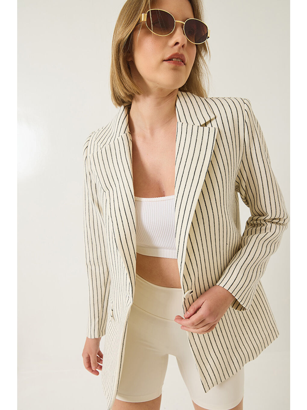 Lila Kadın Çizgili Uzun Kollu Keten Karışımlı Astarlı Blazer Ceket-3