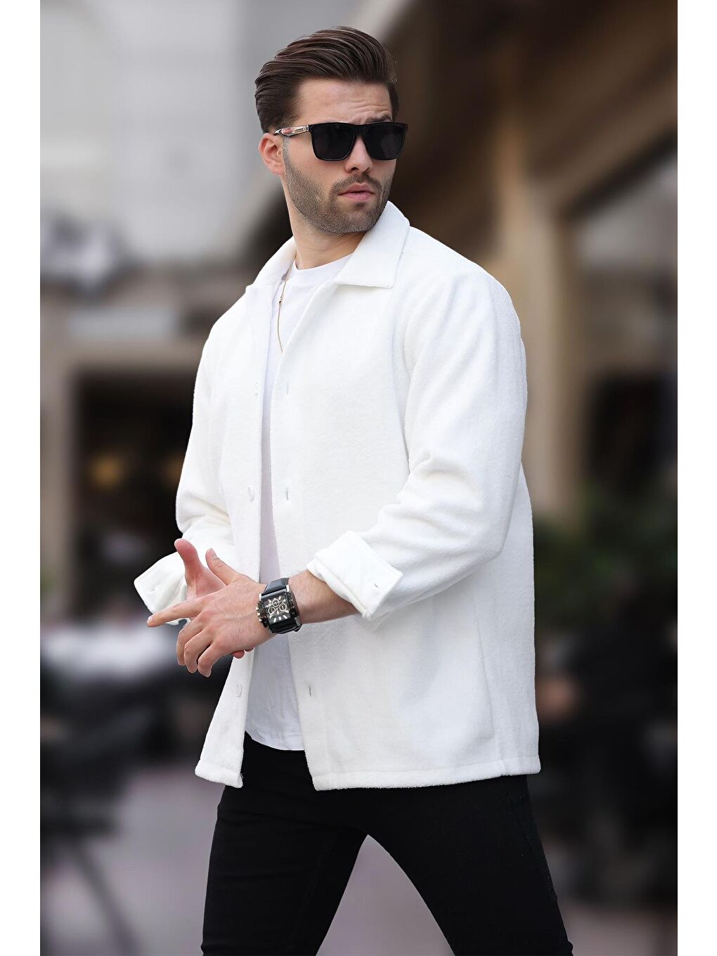 Beyaz Düğmeli Erkek Polar Gömlek 6753-2