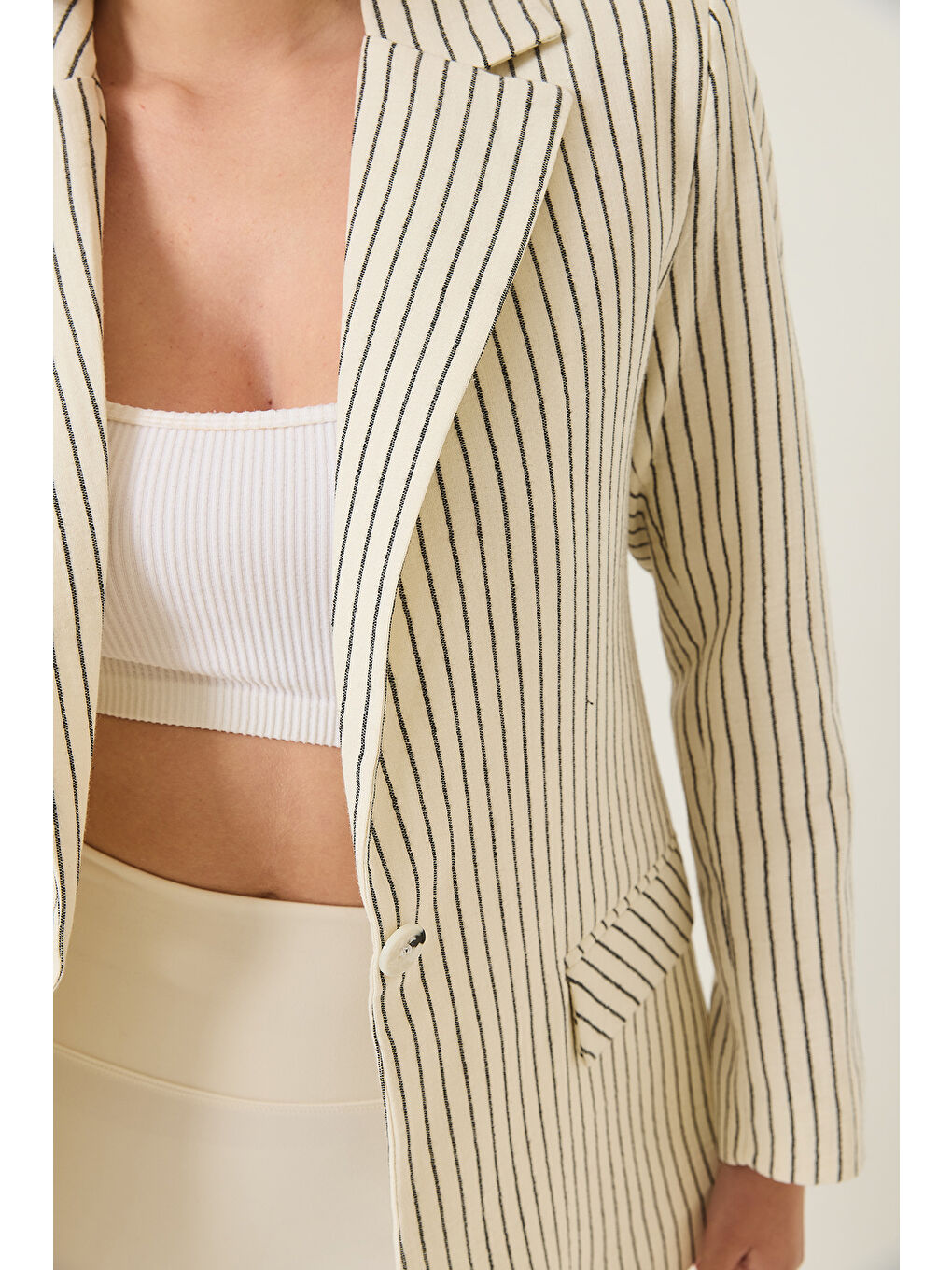 Lila Kadın Çizgili Uzun Kollu Keten Karışımlı Astarlı Blazer Ceket-4