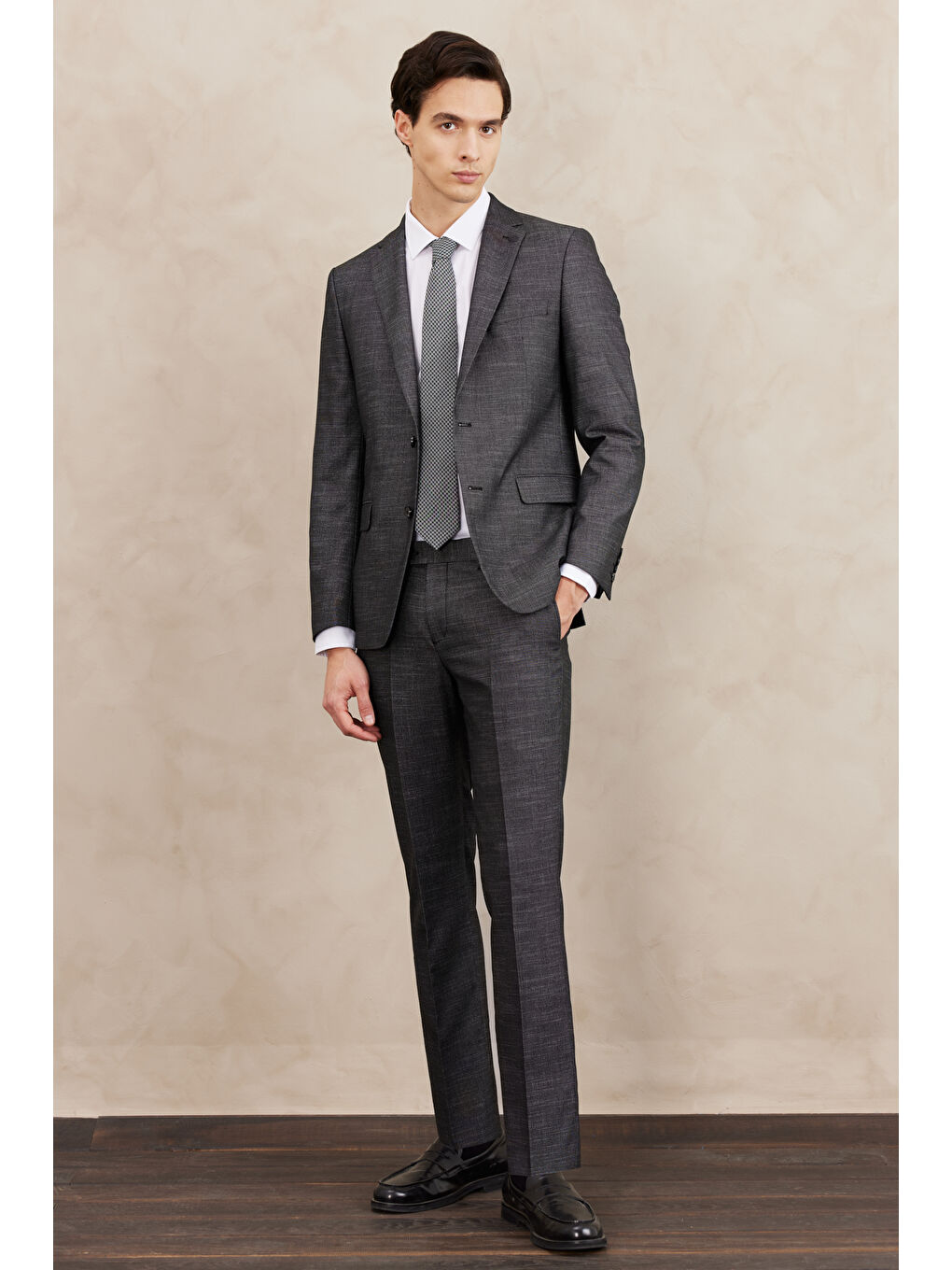 Erkek Siyah-Beyaz Slim Fit Dar Kesim Mono Yaka Desenli Takım Elbise-1