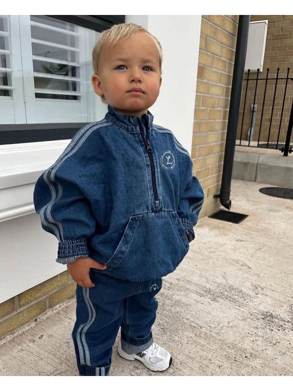 Unisex Çocuk Pamuklu Mavi Jean Sweatshirt Ve Pantolon Takım - Yan Şeritli-1