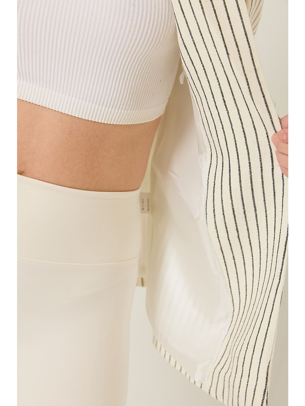 Lila Kadın Çizgili Uzun Kollu Keten Karışımlı Astarlı Blazer Ceket-5