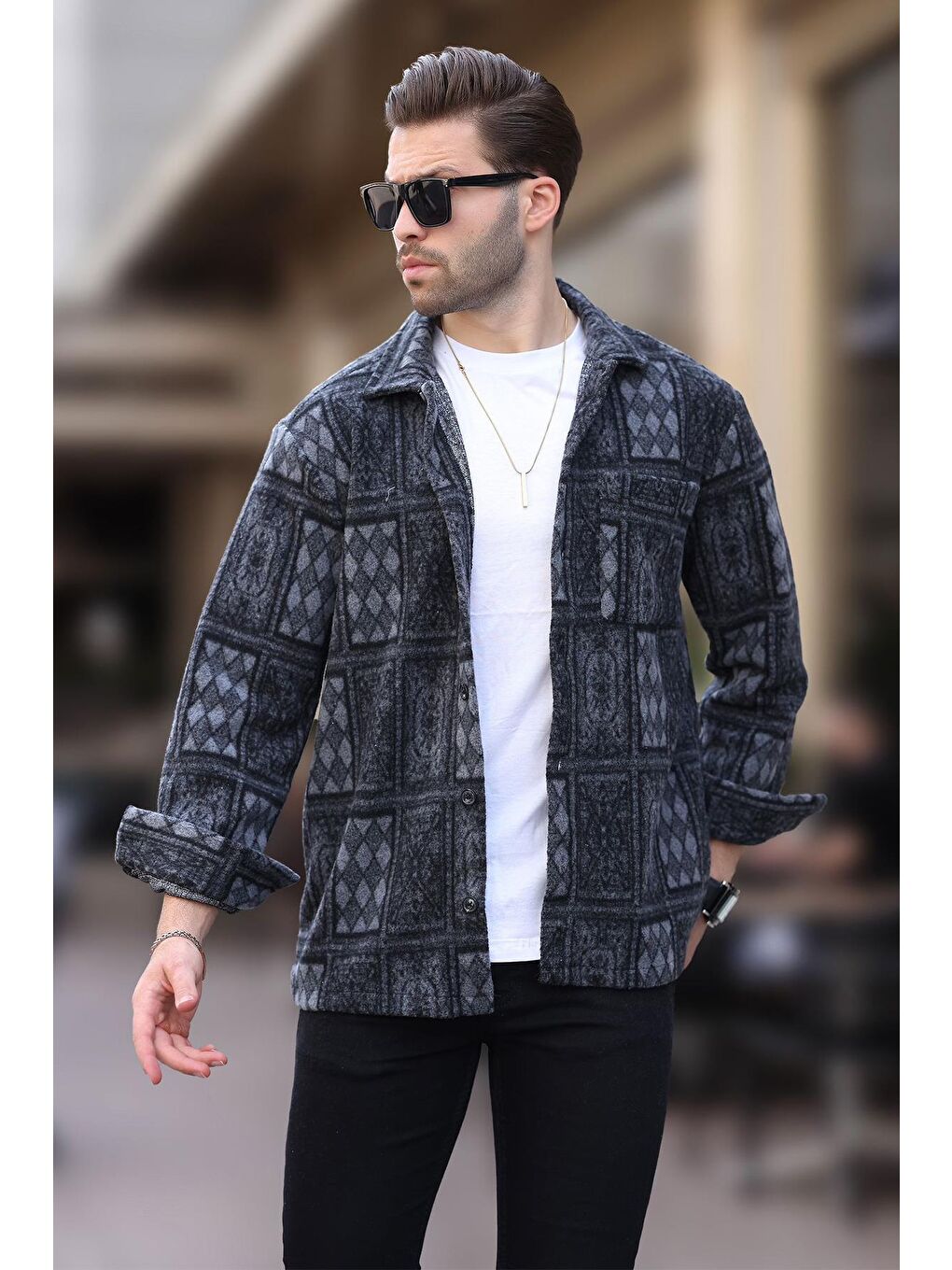 Siyah Desenli Tek Cepli Erkek Polar Gömlek 6751-1