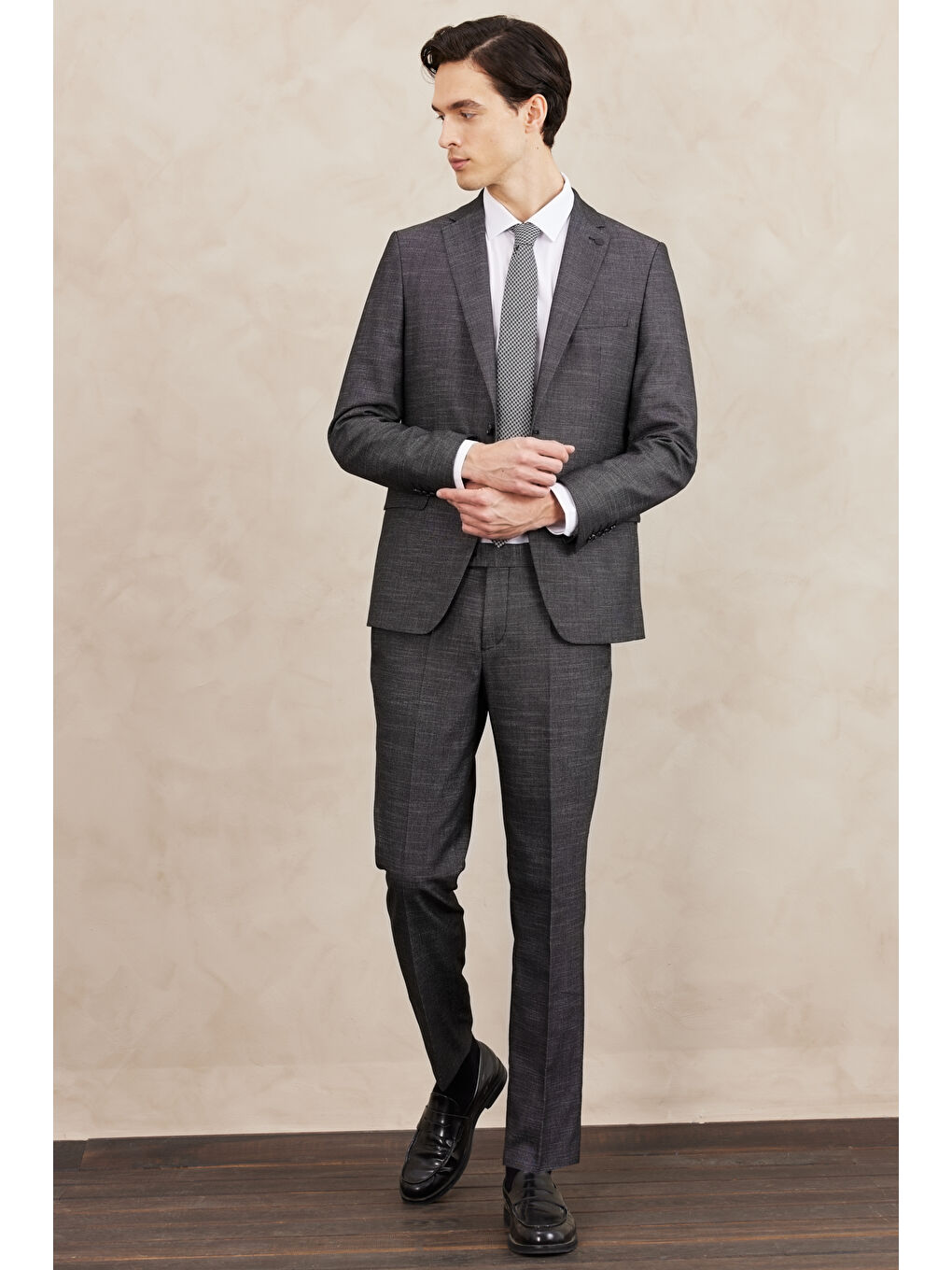 Erkek Siyah-Beyaz Slim Fit Dar Kesim Mono Yaka Desenli Takım Elbise-2