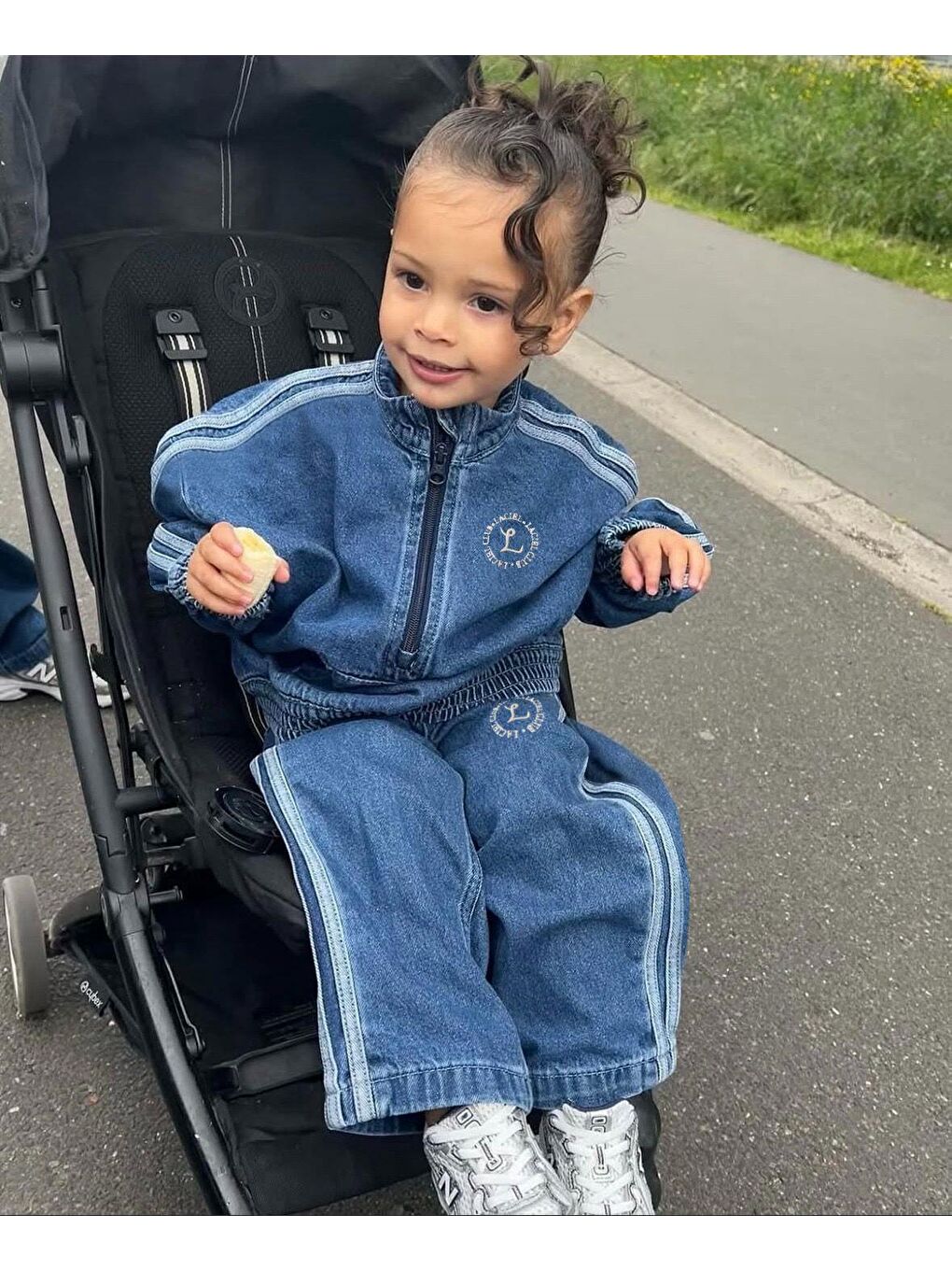 Unisex Çocuk Pamuklu Mavi Jean Sweatshirt Ve Pantolon Takım - Yan Şeritli-2