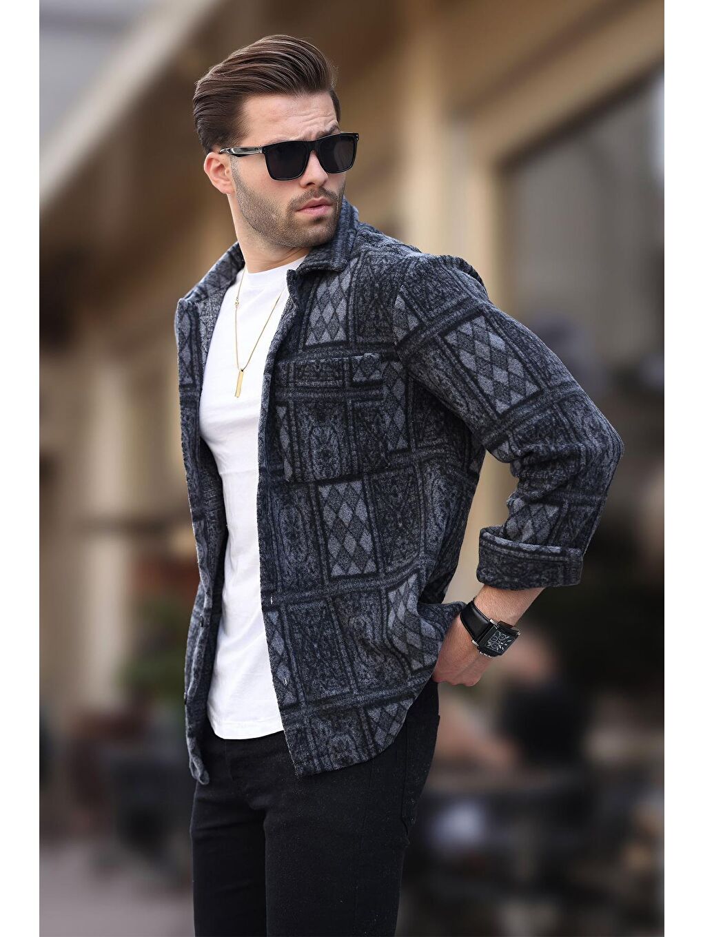 Siyah Desenli Tek Cepli Erkek Polar Gömlek 6751-2