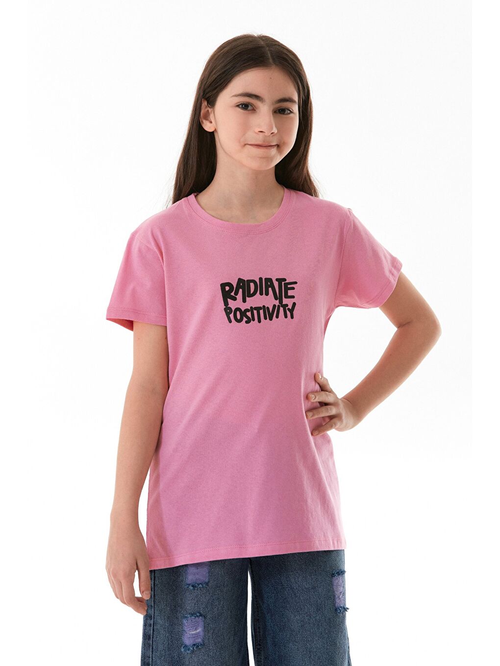 Pembe %100 Pamuk Önü Ve Arkası Yazı Baskılı Kız Çocuk Tişört-4