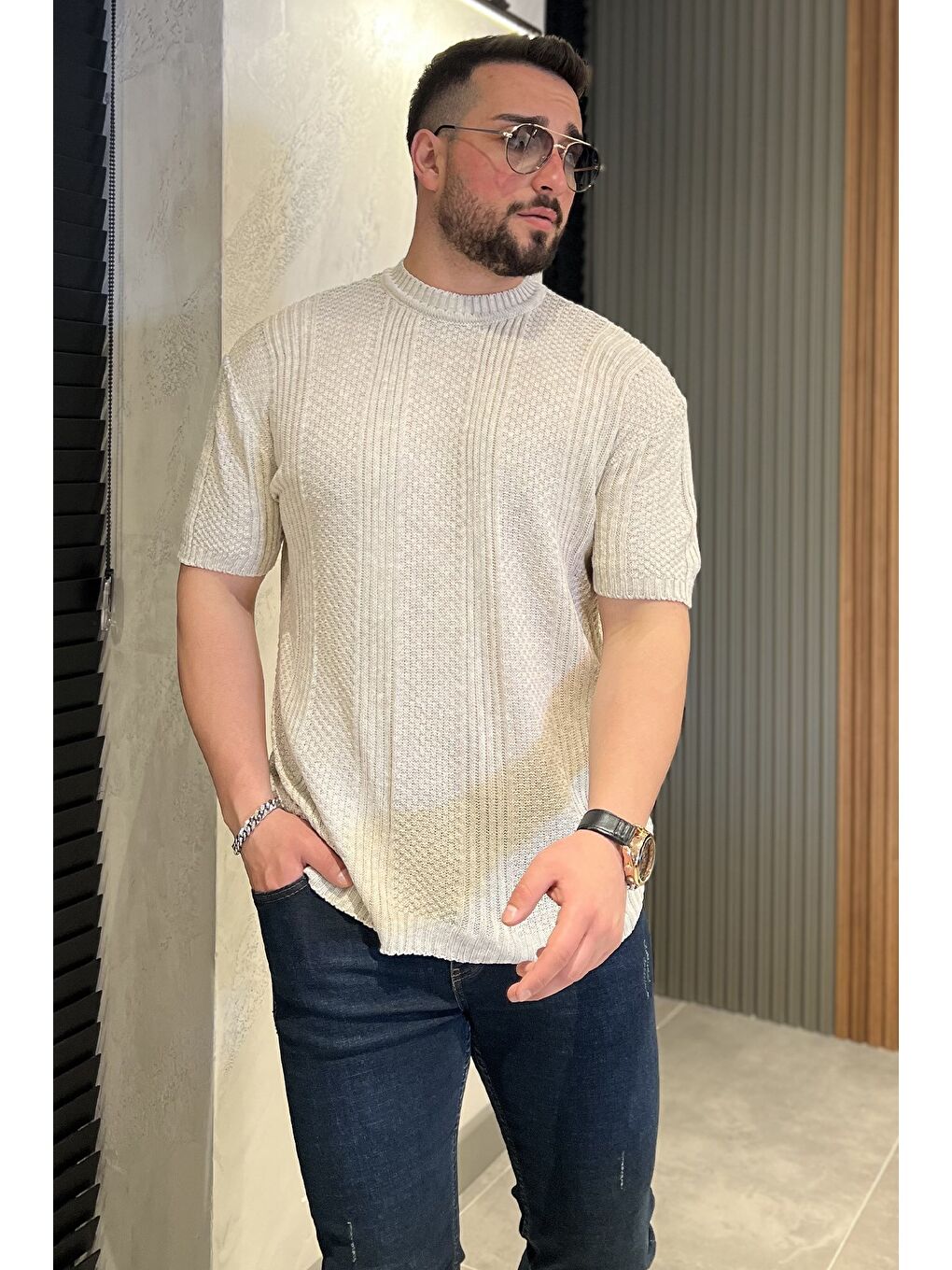 Bej Erkek Örme Triko Mevsimlik Elastanlı Tişört