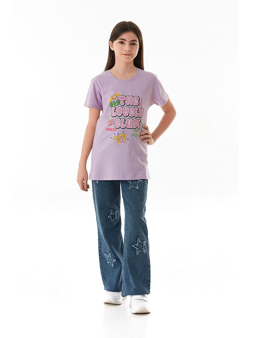 Lila %100 Pamuk Yazı Baskılı Bisiklet Yaka Kız Çocuk Tişört-3