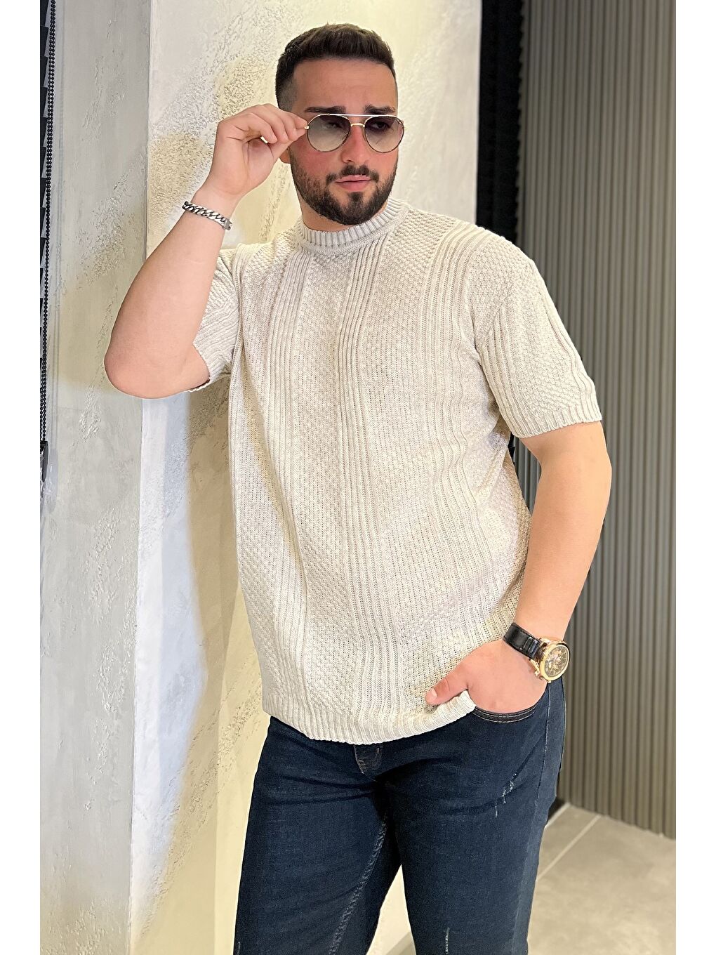 Bej Erkek Örme Triko Mevsimlik Elastanlı Tişört-1