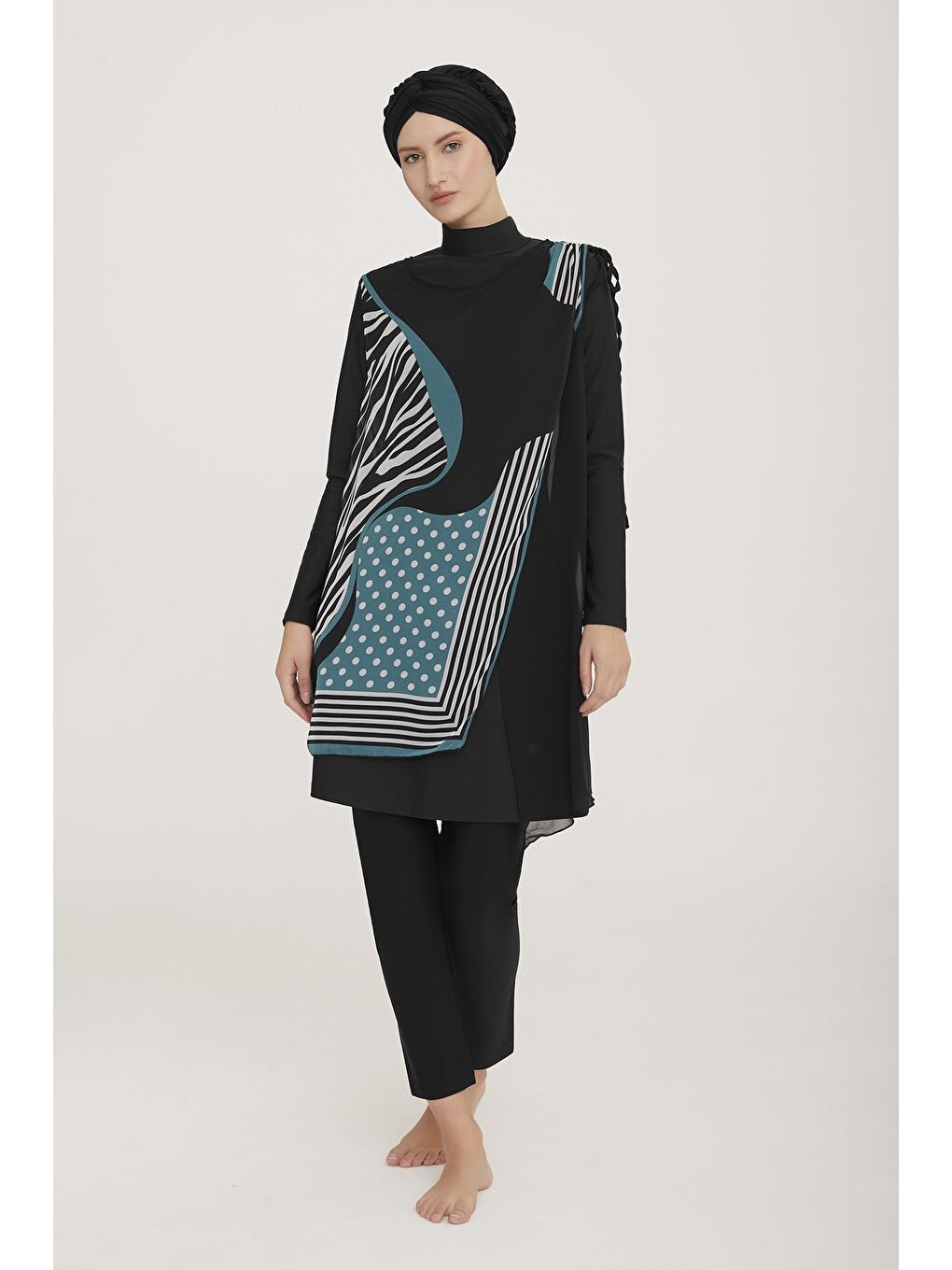 Siyah 3'lü Pareolu Likralı Tam Kapalı Tesettür Mayo-1