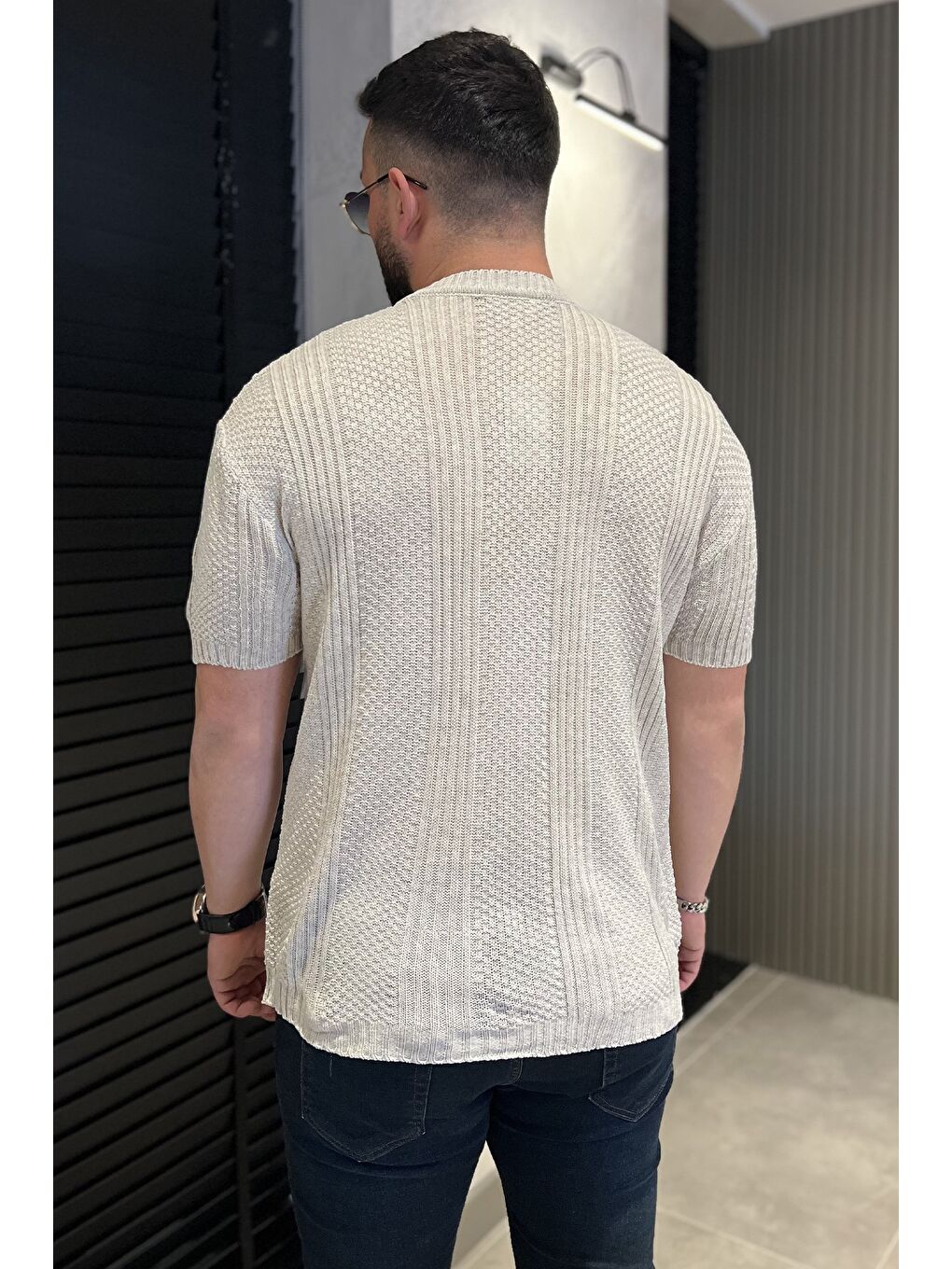 Bej Erkek Örme Triko Mevsimlik Elastanlı Tişört-2