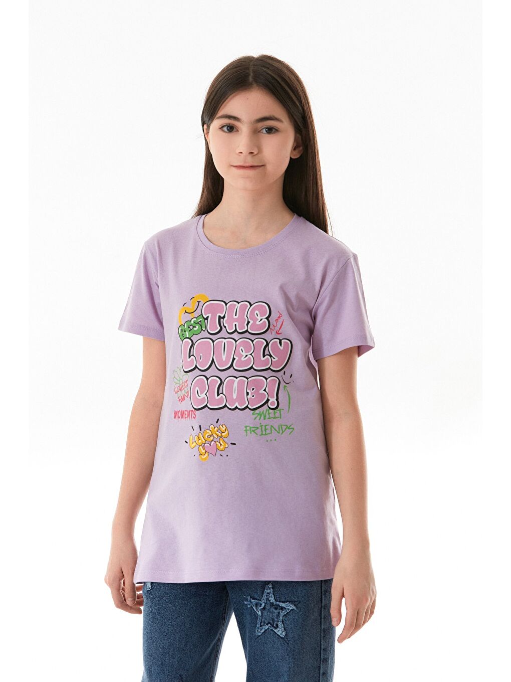 Lila %100 Pamuk Yazı Baskılı Bisiklet Yaka Kız Çocuk Tişört-4