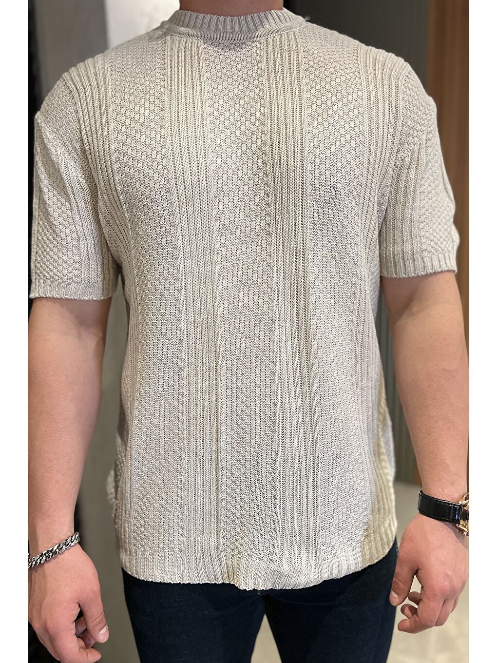 Bej Erkek Örme Triko Mevsimlik Elastanlı Tişört-3