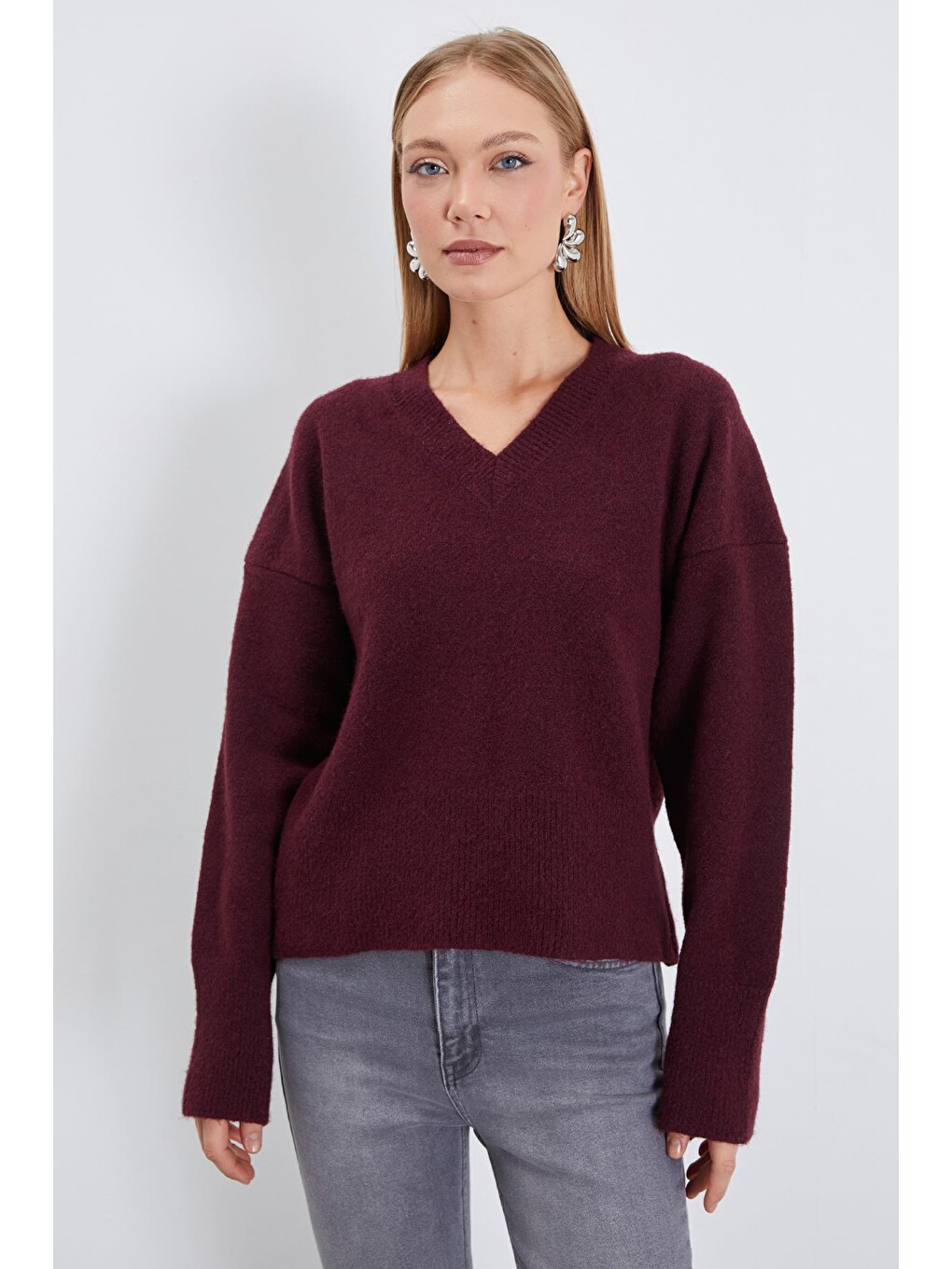 Mürdüm Basic V Yaka Oversize Triko Kazak-1