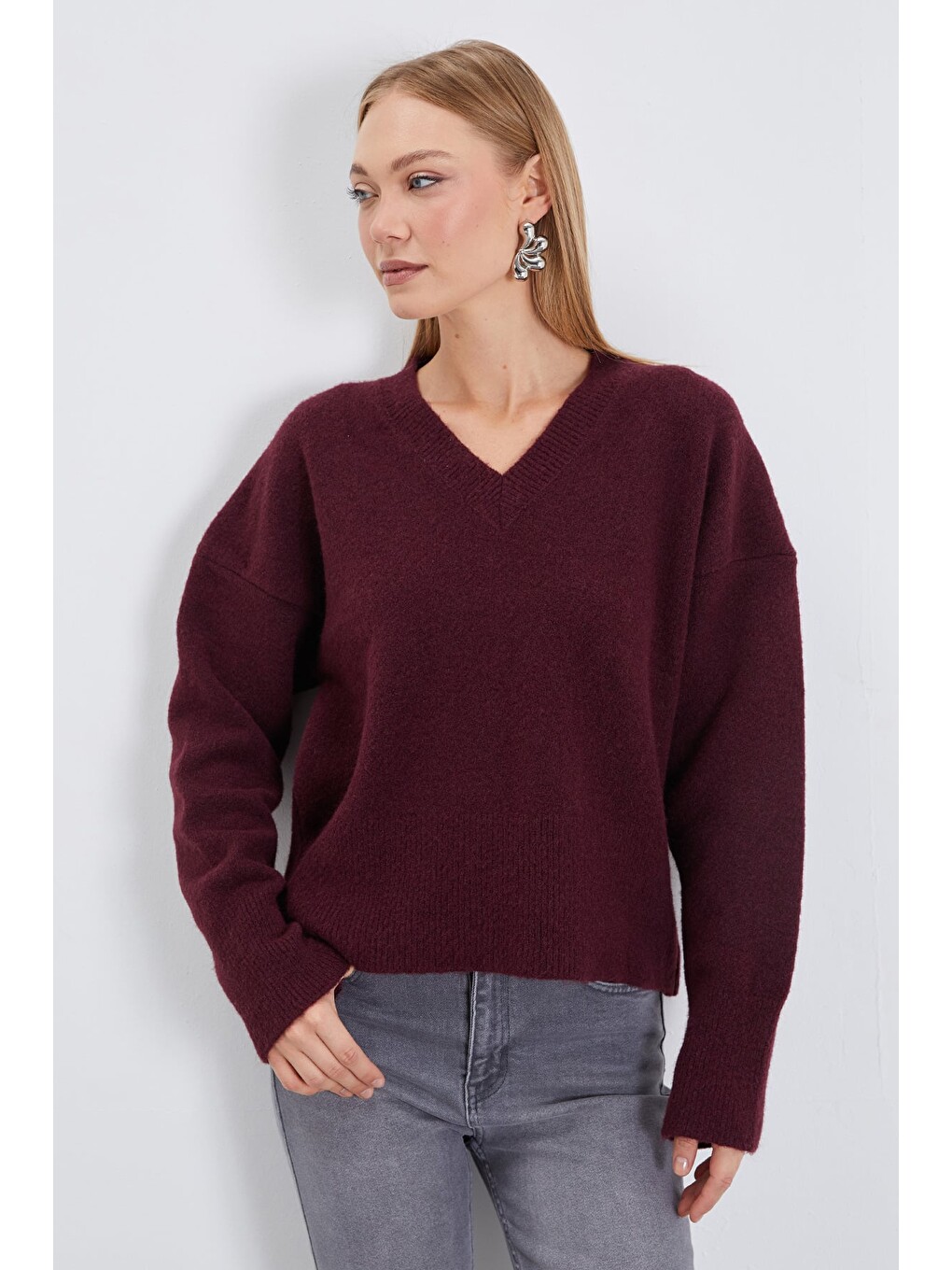 Mürdüm Basic V Yaka Oversize Triko Kazak-2