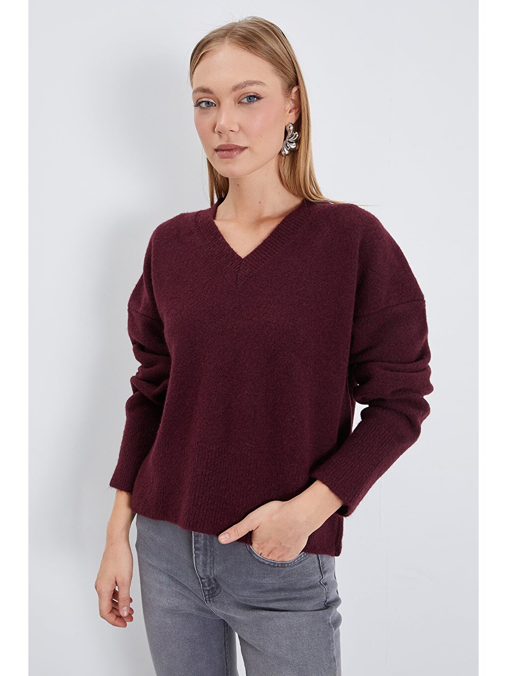 Mürdüm Basic V Yaka Oversize Triko Kazak-3