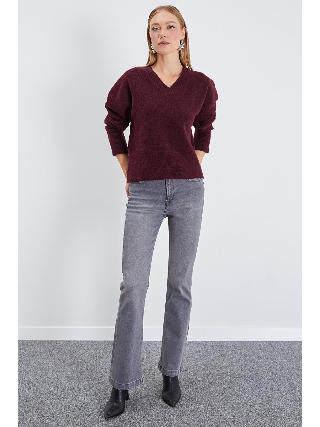 Mürdüm Basic V Yaka Oversize Triko Kazak-4