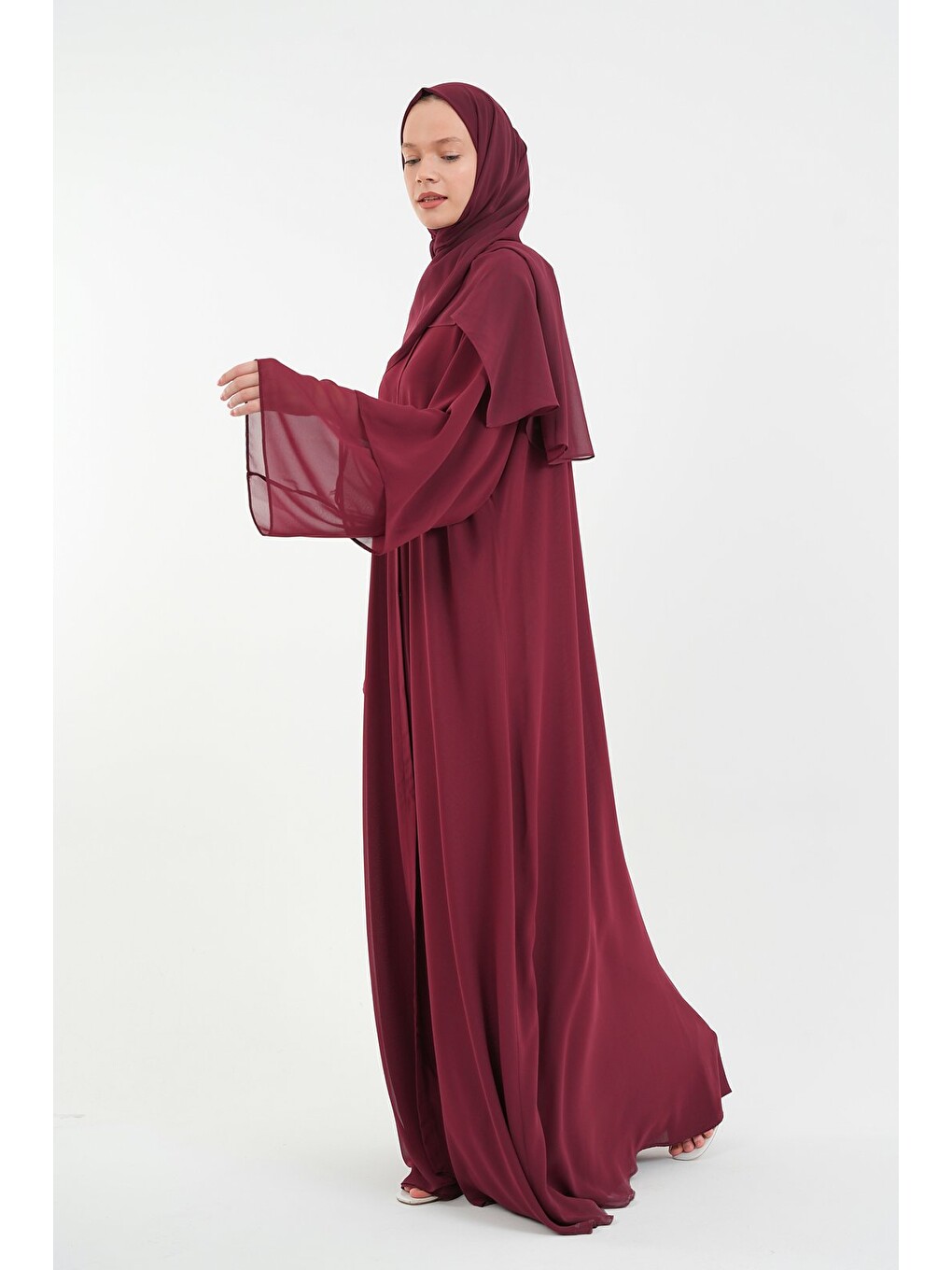 Bordo Kadın Şifon Abaya Ferace & Şal-1