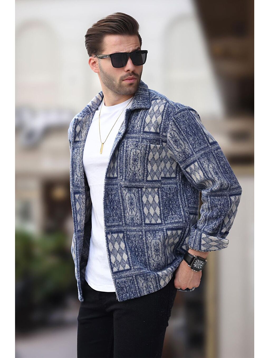 Lacivert Desenli Tek Cepli Erkek Polar Gömlek 6751-1