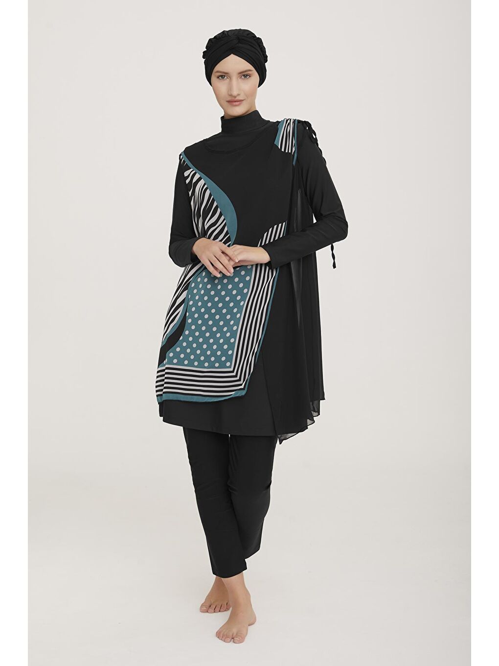 Siyah 3'lü Pareolu Likralı Tam Kapalı Tesettür Mayo-2