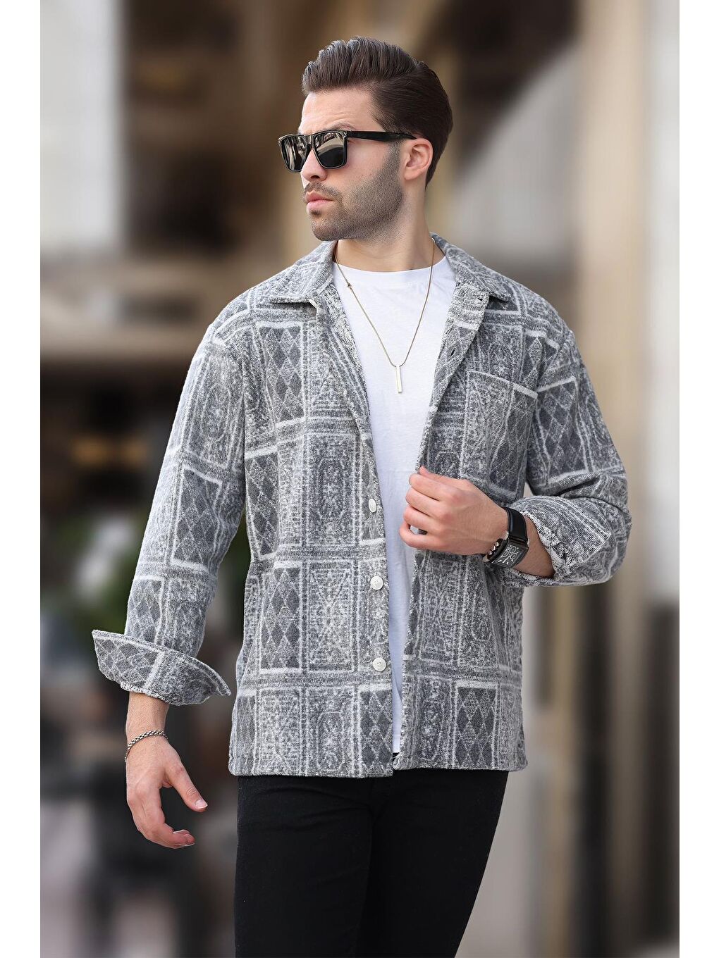 Gri Desenli Tek Cepli Erkek Polar %100 Pamuk Gömlek 6751-1