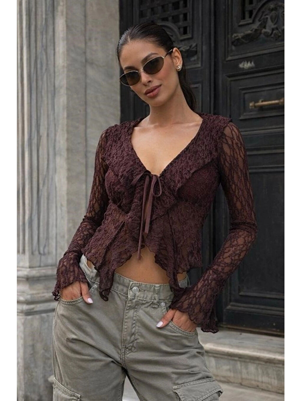 Kahverengi Kadın Kahve Dantel Bağlamalı Bluz 0600-0373