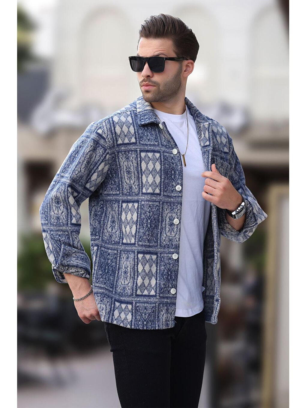 Lacivert Desenli Tek Cepli Erkek Polar Gömlek 6751-2