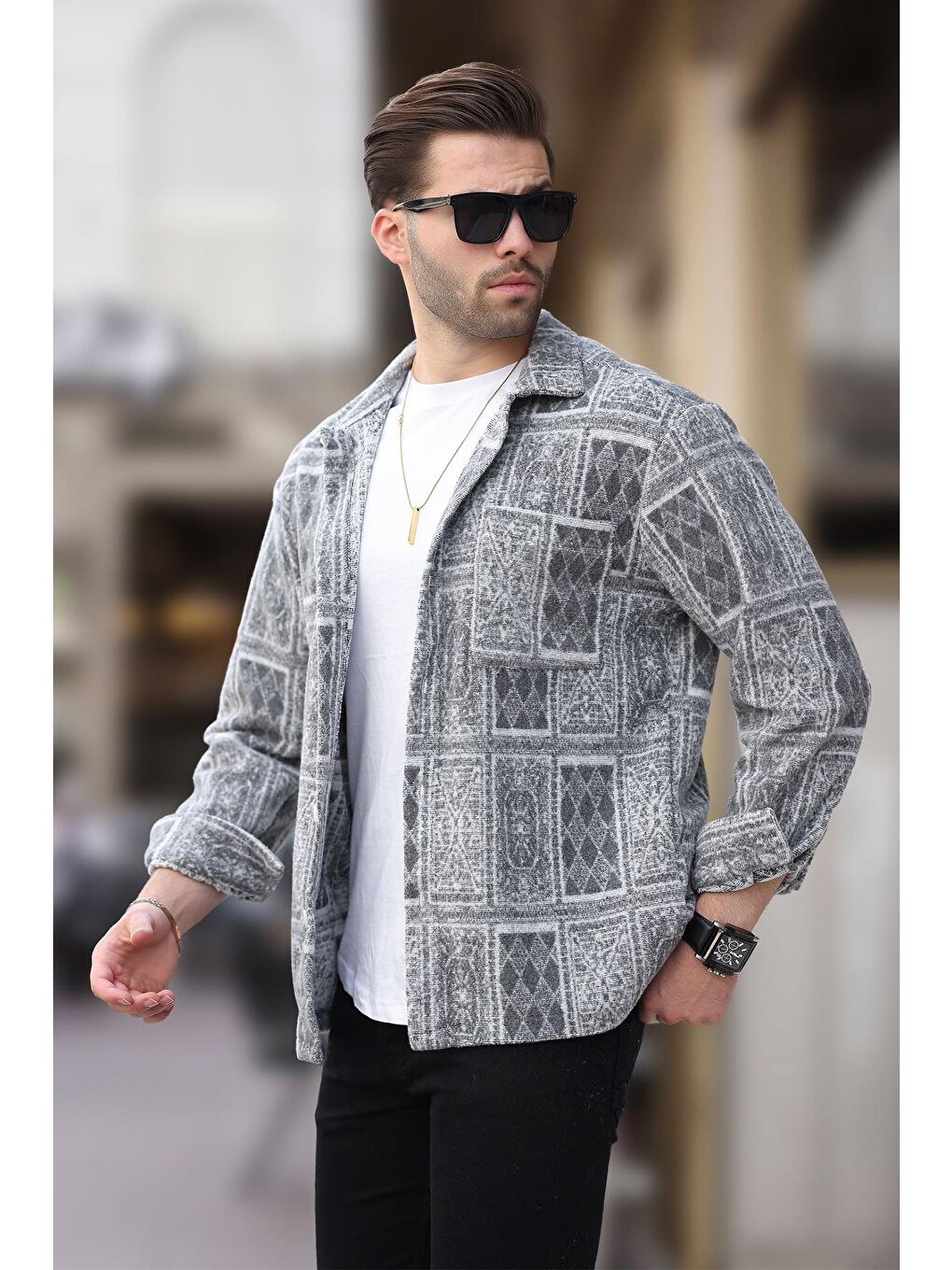 Gri Desenli Tek Cepli Erkek Polar %100 Pamuk Gömlek 6751-2
