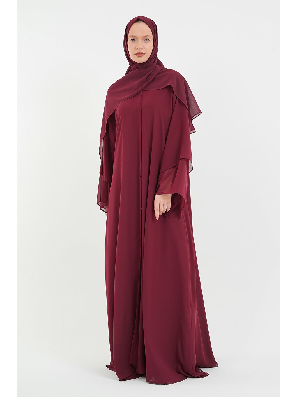 Bordo Kadın Şifon Abaya Ferace & Şal-2