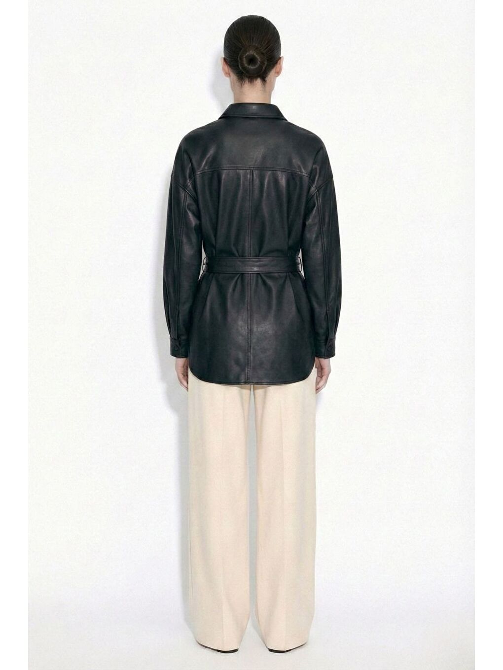 Deri görünümlü Kuşaklı Siyah Gömlek Tunik-2