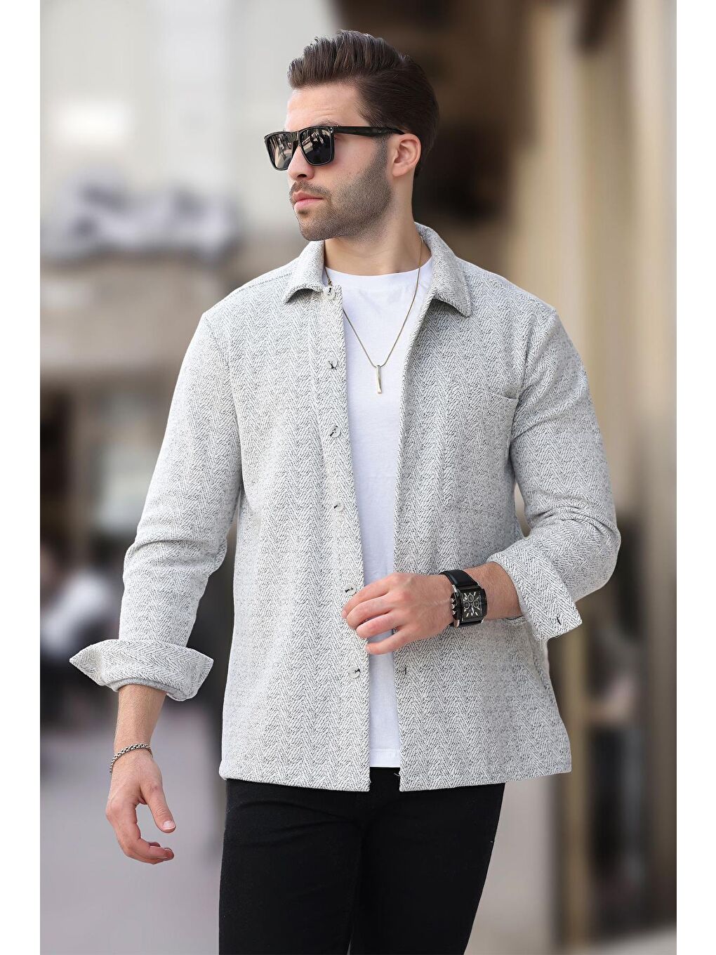 Gri Desenli Tek Cep Erkek Polar Gömlek 6752