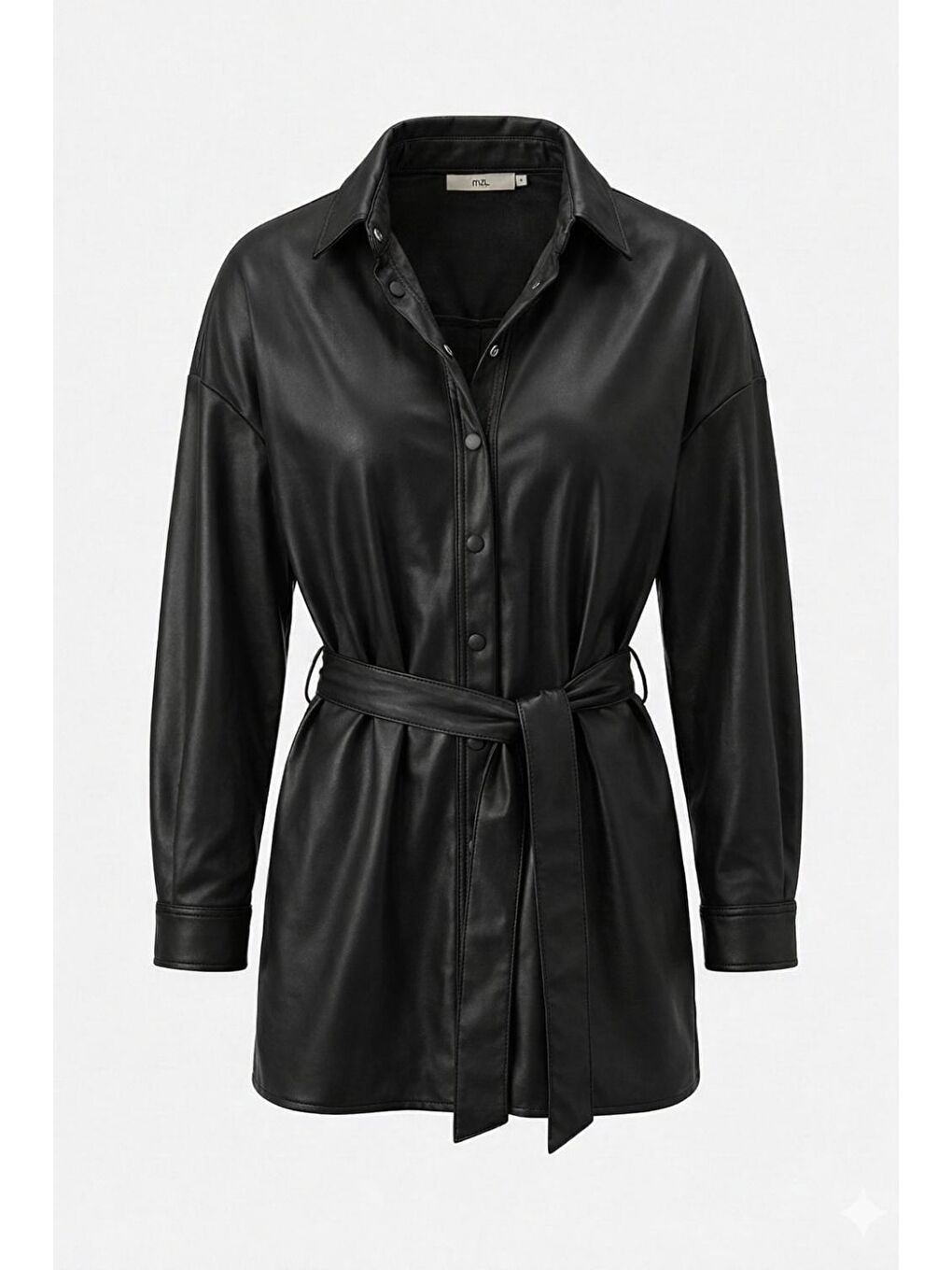 Deri görünümlü Kuşaklı Siyah Gömlek Tunik-3