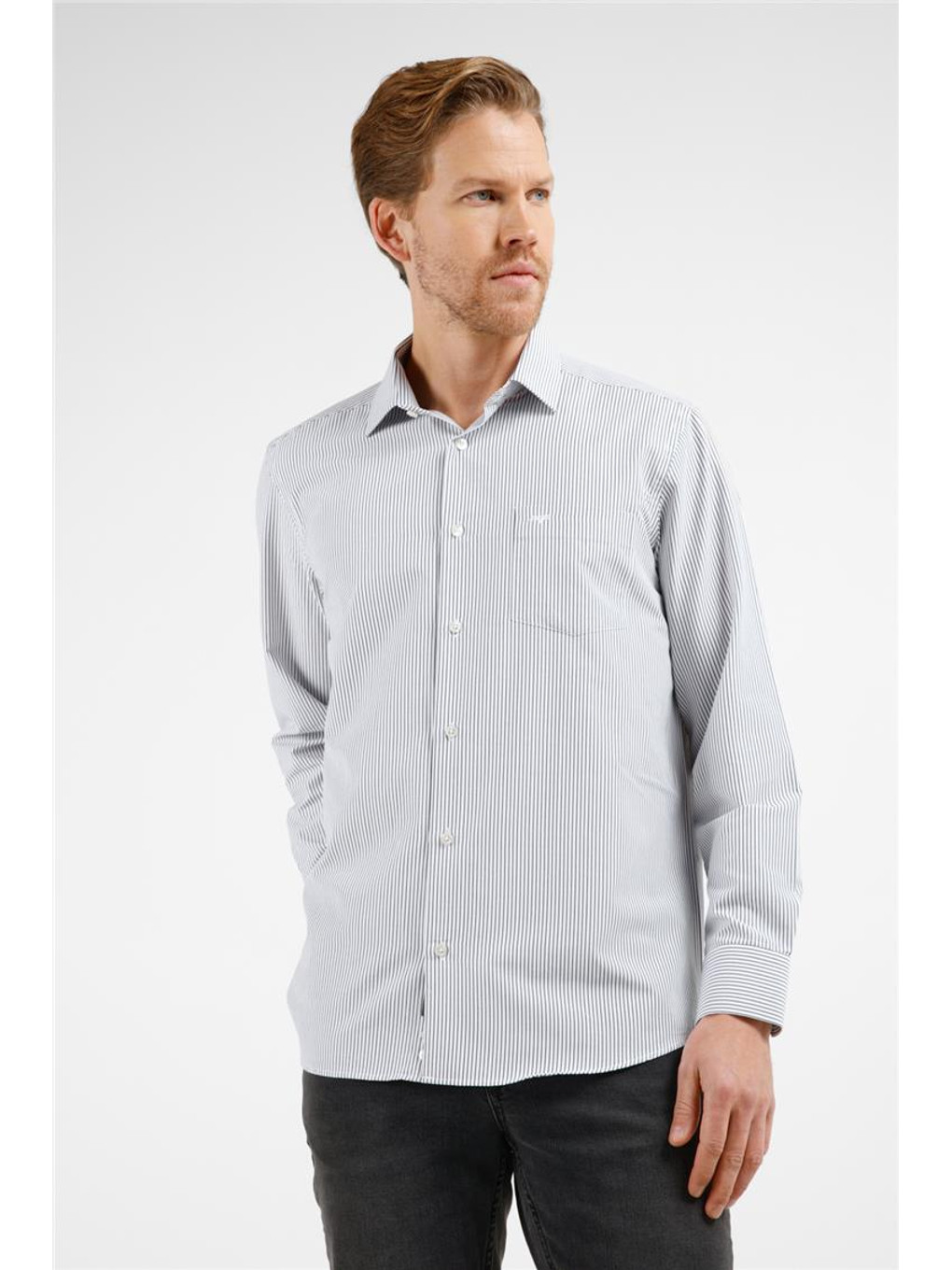 Beyaz - Siyah Çizgili Desen Sert Yaka Uzun Kol Cepli Comfort Fit Pamuklu Gömlek 1004255281