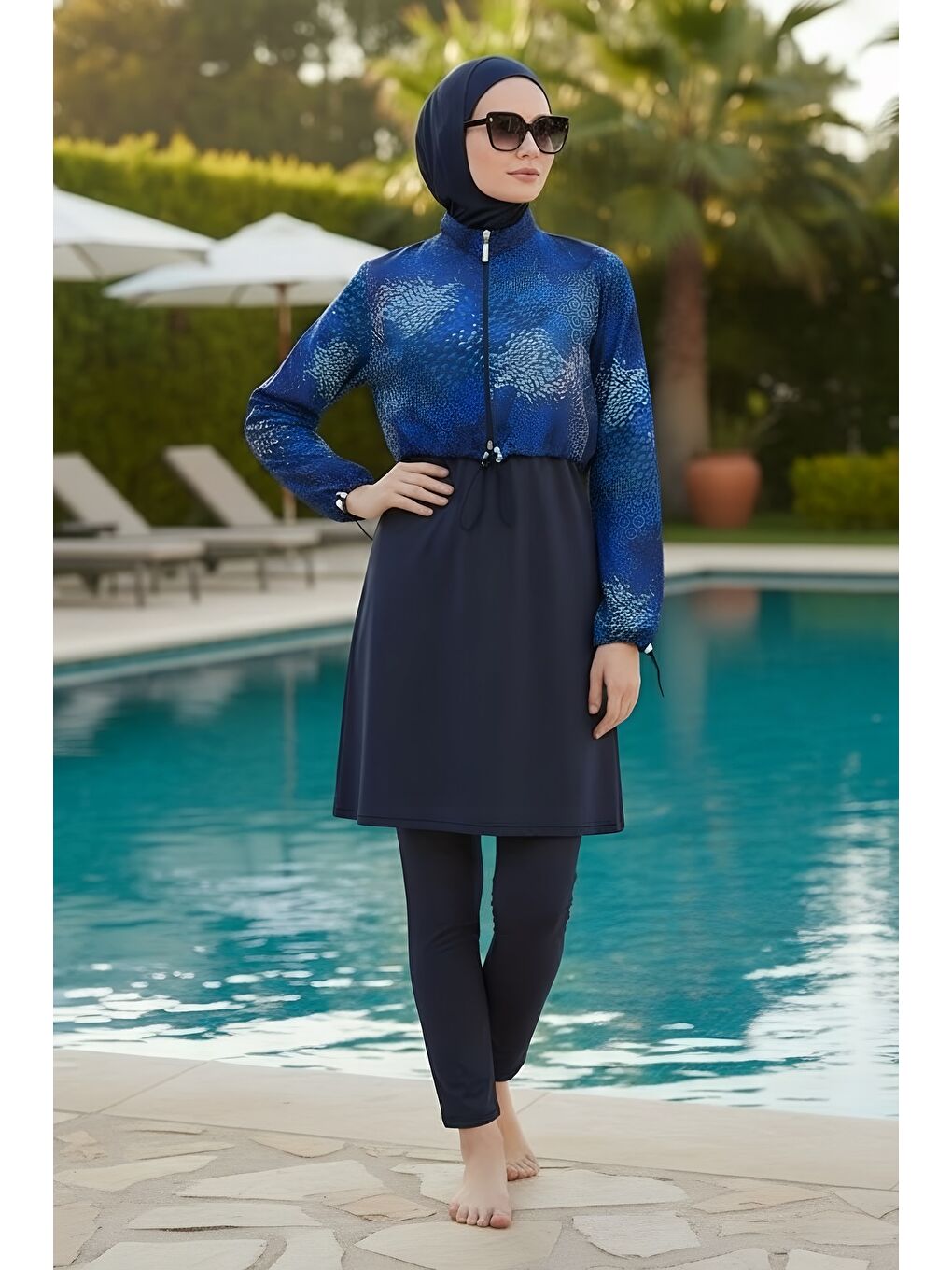 Lacivert Tam Kapalı Crop Model 6 Parça Tesettür Mayo 25292