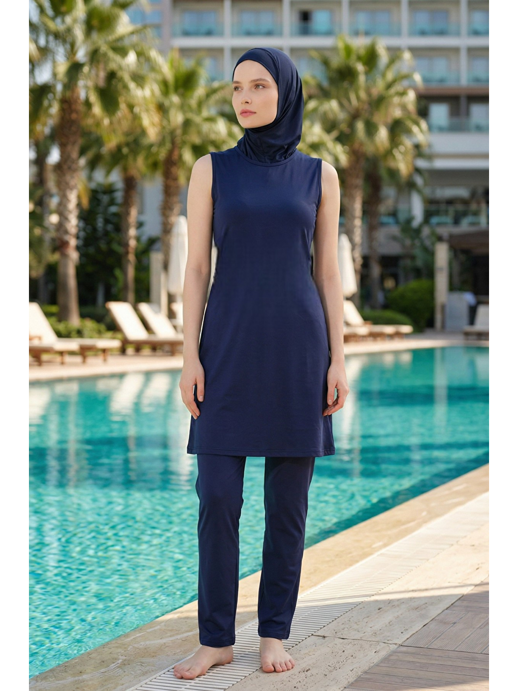 Lacivert Tam Kapalı Crop Model 6 Parça Tesettür Mayo 25292-1