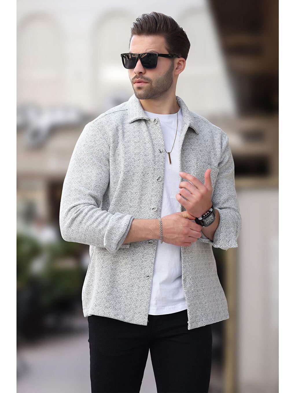 Gri Desenli Tek Cep Erkek Polar Gömlek 6752-1